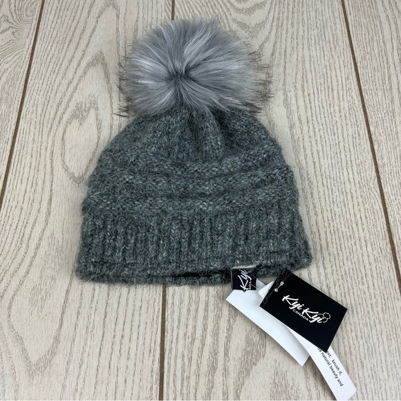 Kyi Kyi Canada Knit Winter Hat Faux Fur PomPom OS Charcoal Gray $68 main image 4